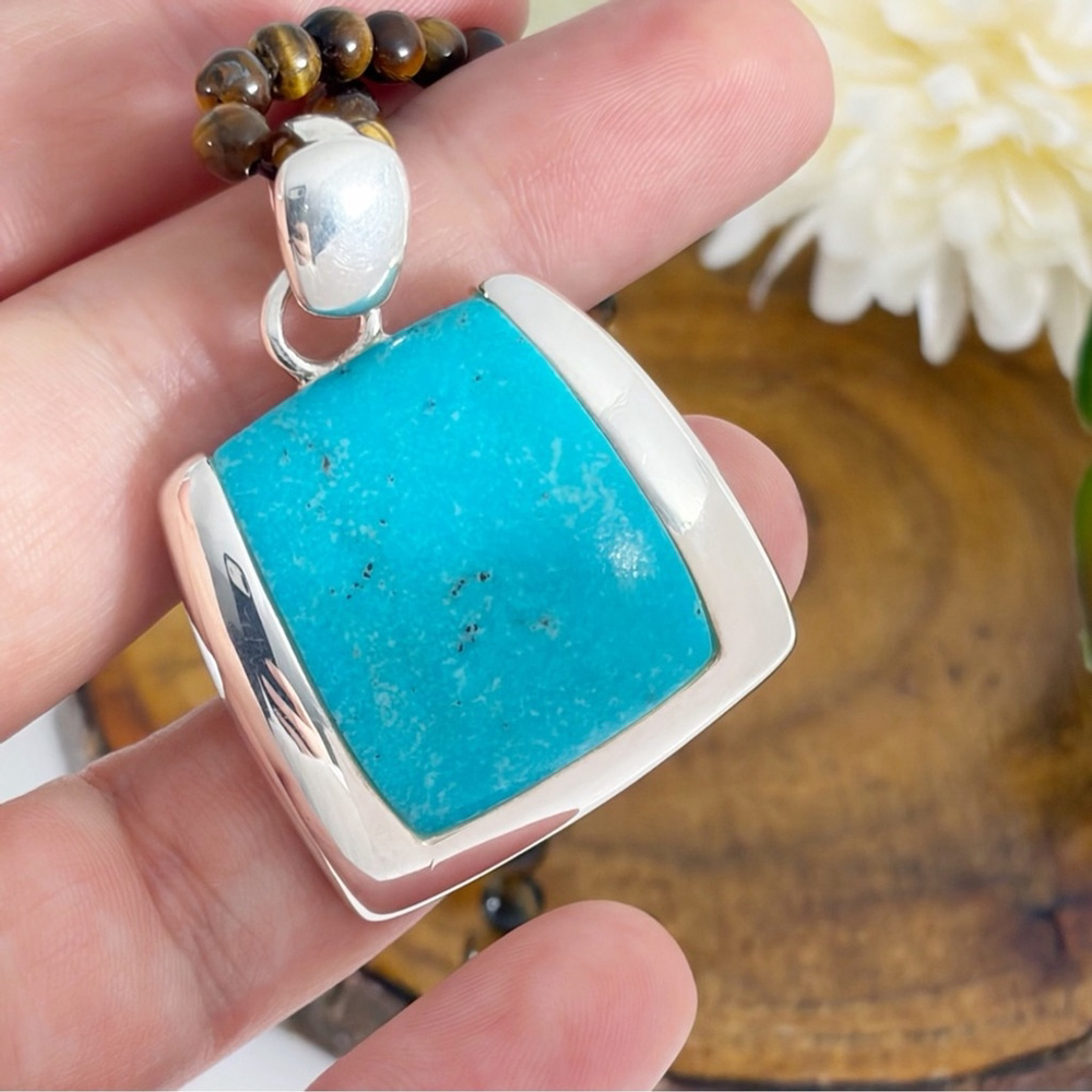 Vintage Sterling Silver 925 Turquoise Pendant Tiger’s Eye Necklace Southwest - Picture 7 of 13